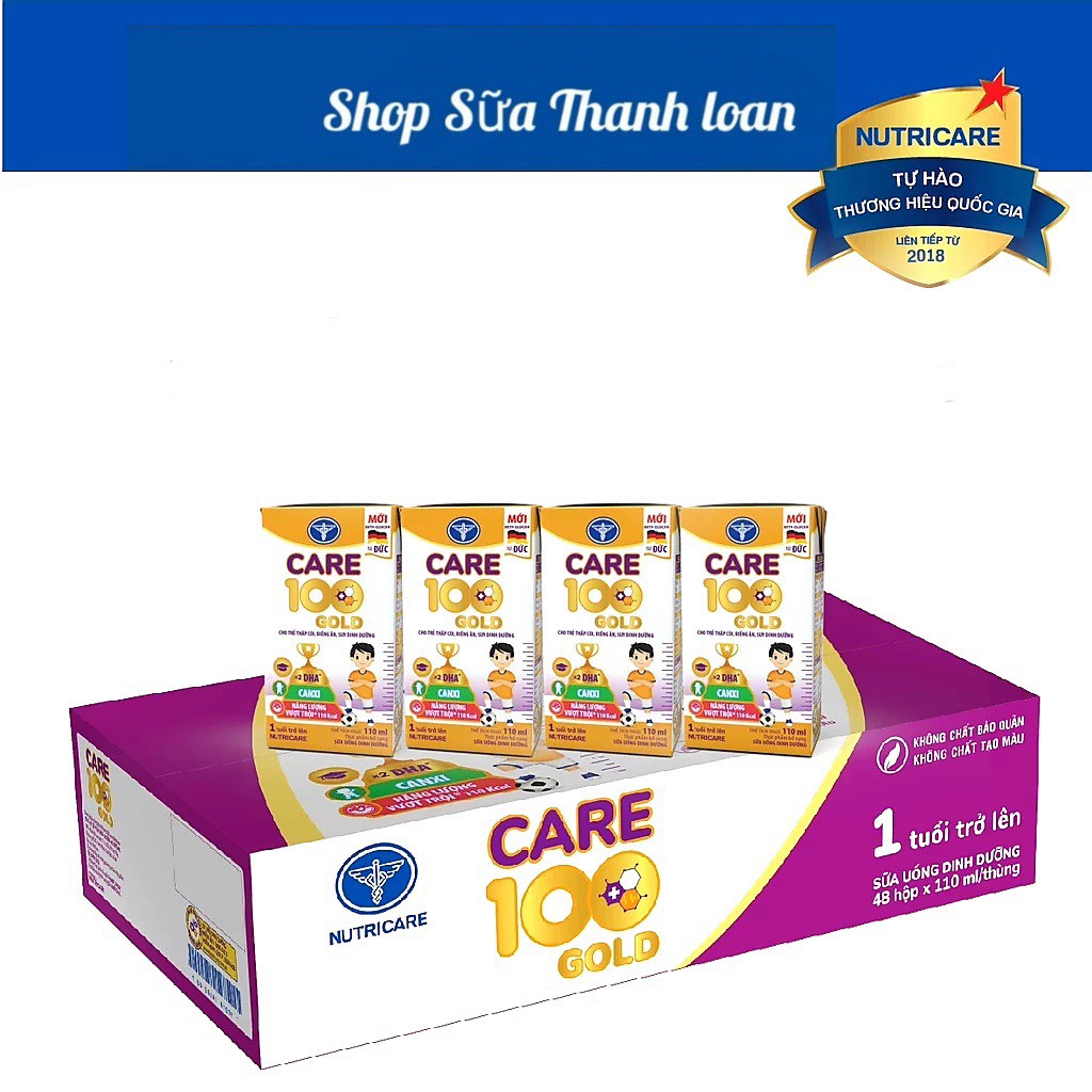 Thùng 48 hộp sữa nước nutricare care 100 gold cho trẻ thấp còi 110ml.
