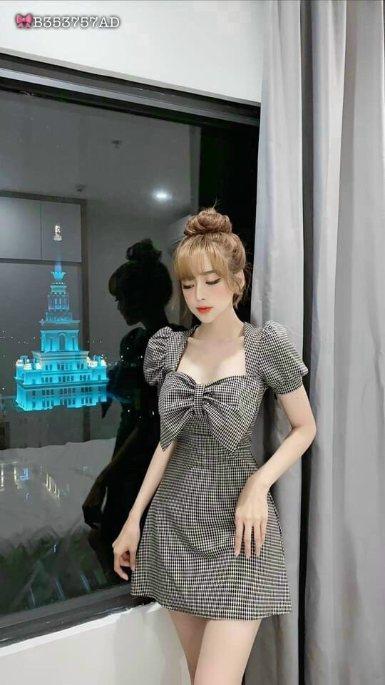 Đầm kiểu karo nơ ngực-TTS #damnu