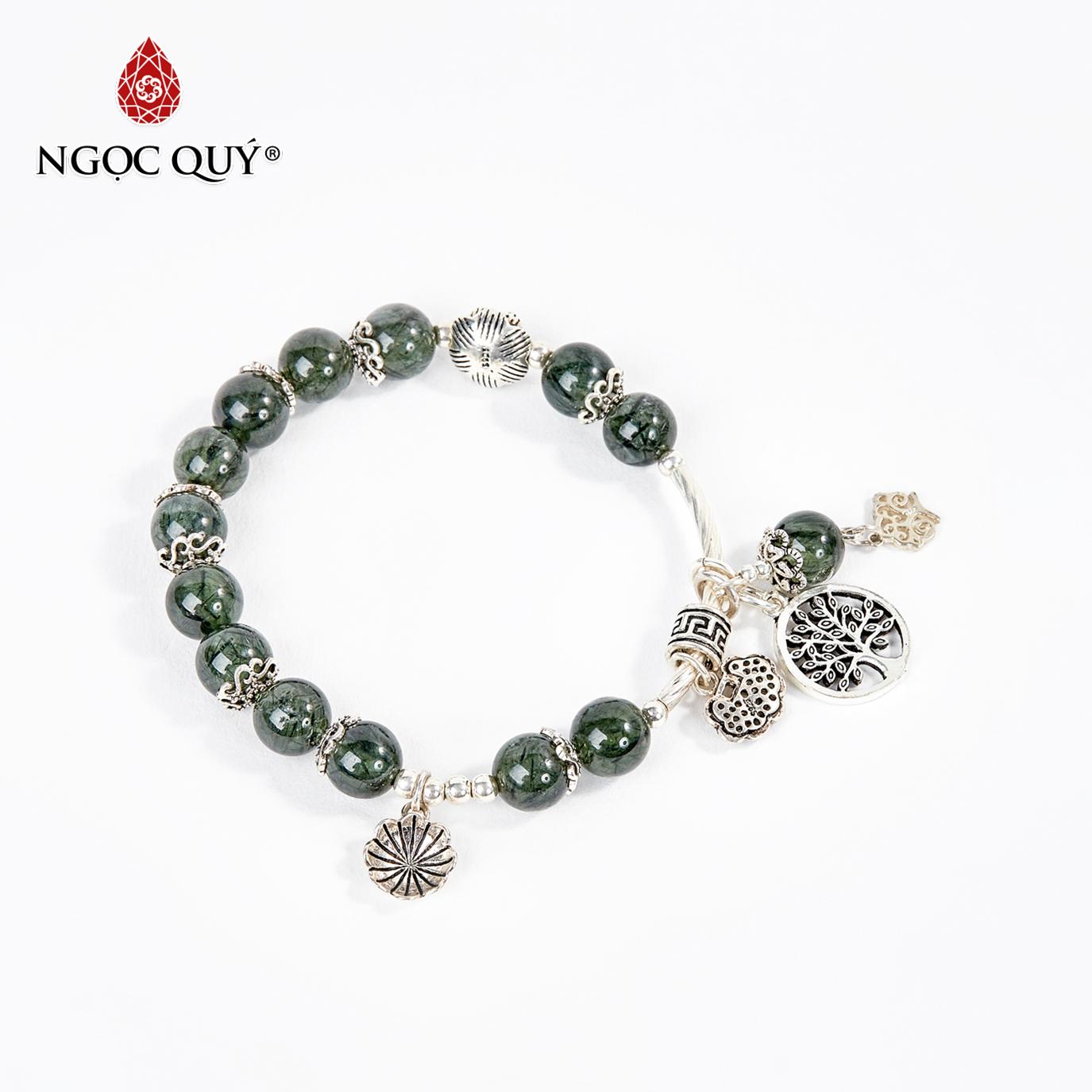 Vòng tay đá thạch anh tóc xanh charm cây bạc 8mm mệnh hỏa,mộc (màu xanh lá) - Ngọc Quý Gemstones