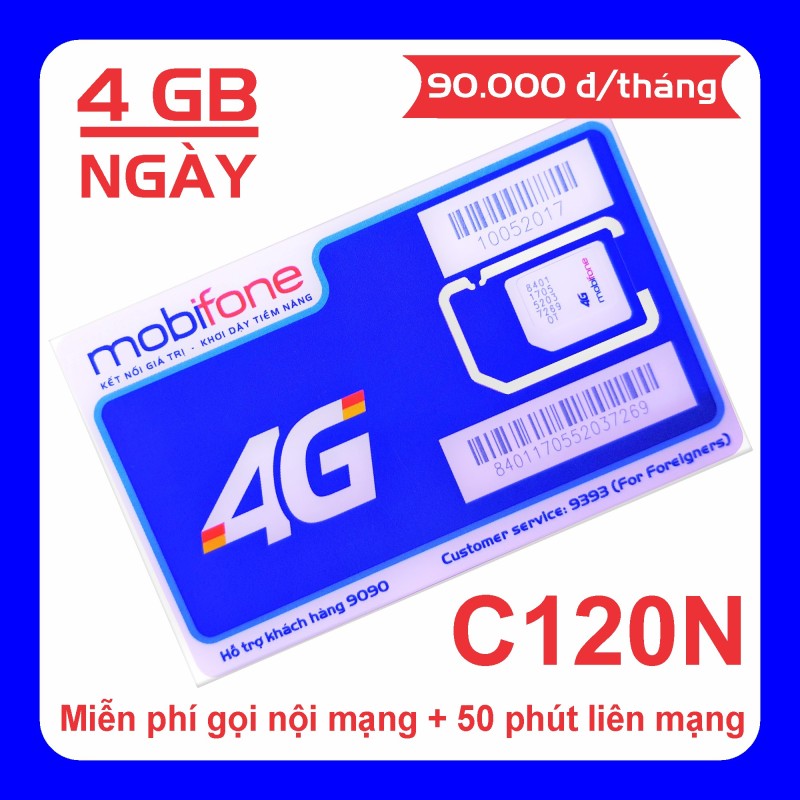 Sim 4G Mobi C120N Data 4 GB/ngày + Gọi miễn phí nội mạng và 50 phút liên mạng