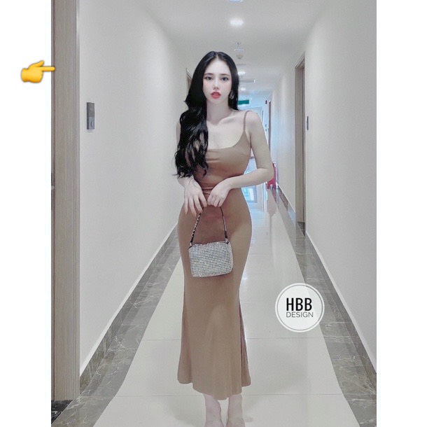 Đầm 2 dây thun lụa hở lưng dáng dài xòe cực xinh