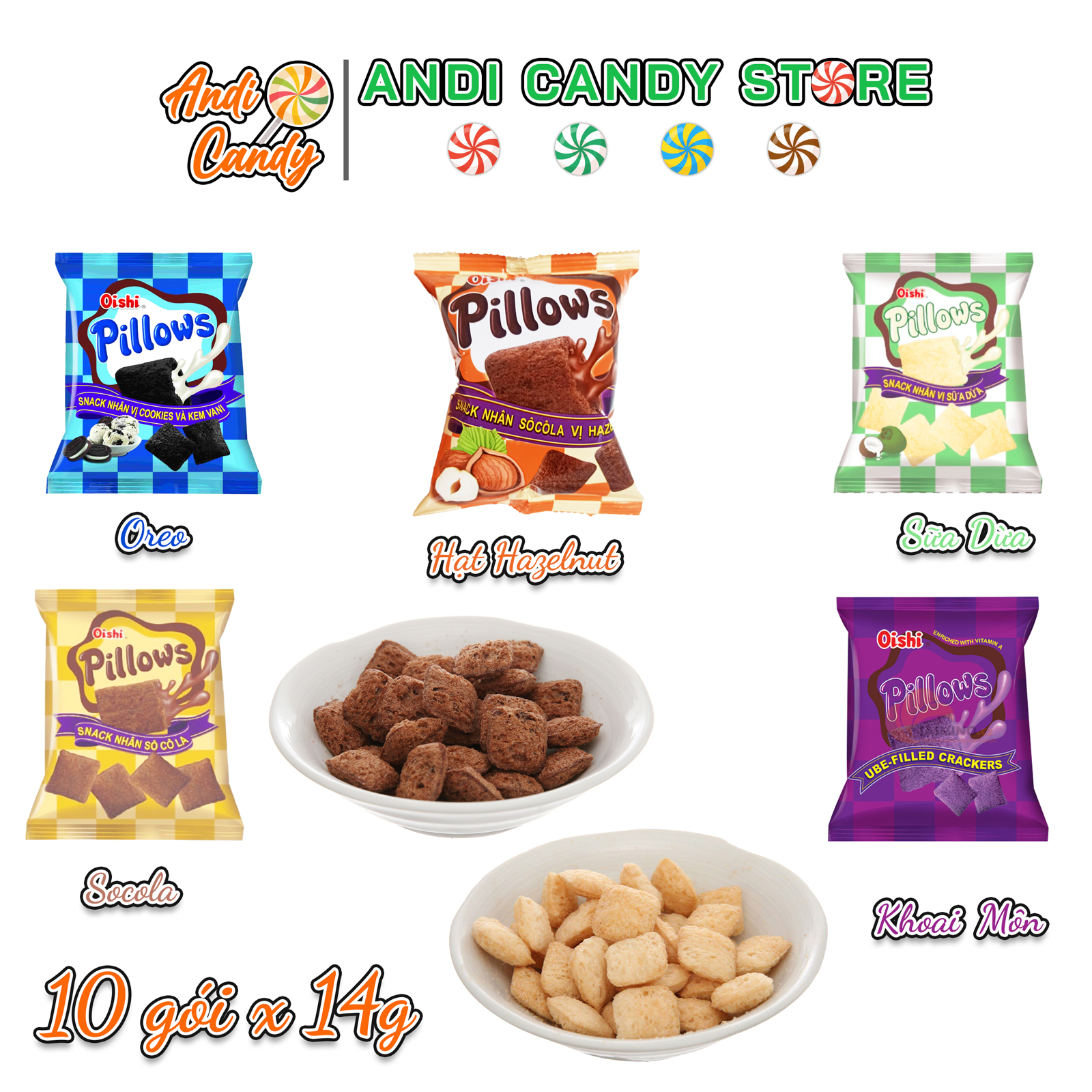 10 Gói Bánh Snack Có Nhân Oishi Pillows 45gr