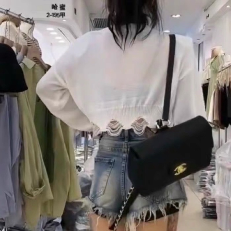 áo len dệt kim mỏng kiểu rách dáng croptop (có đệm vai) (1240#)