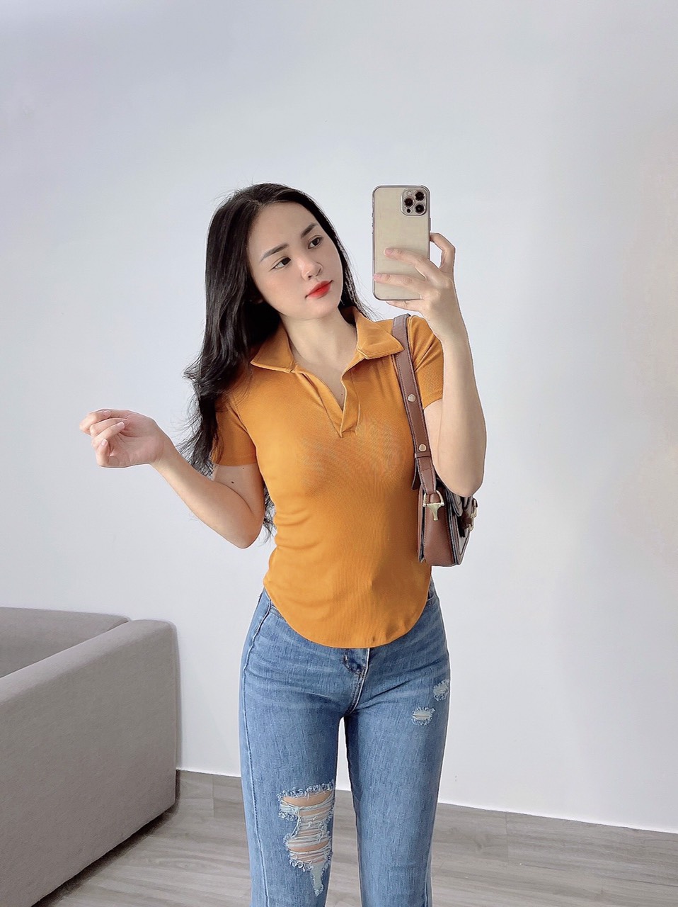 Áo thun polo nữ thun gân vạt bầu cổ bẻ