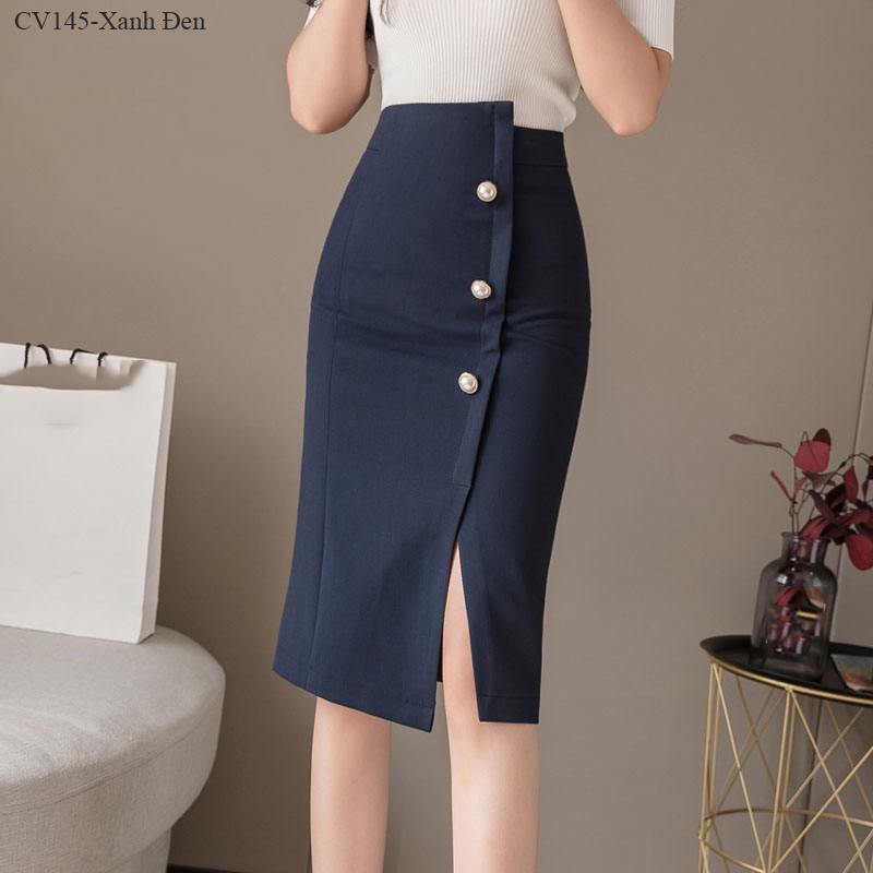 CV145 CHÂN VÁY BÚT CHÌ PHỐI NÚT
