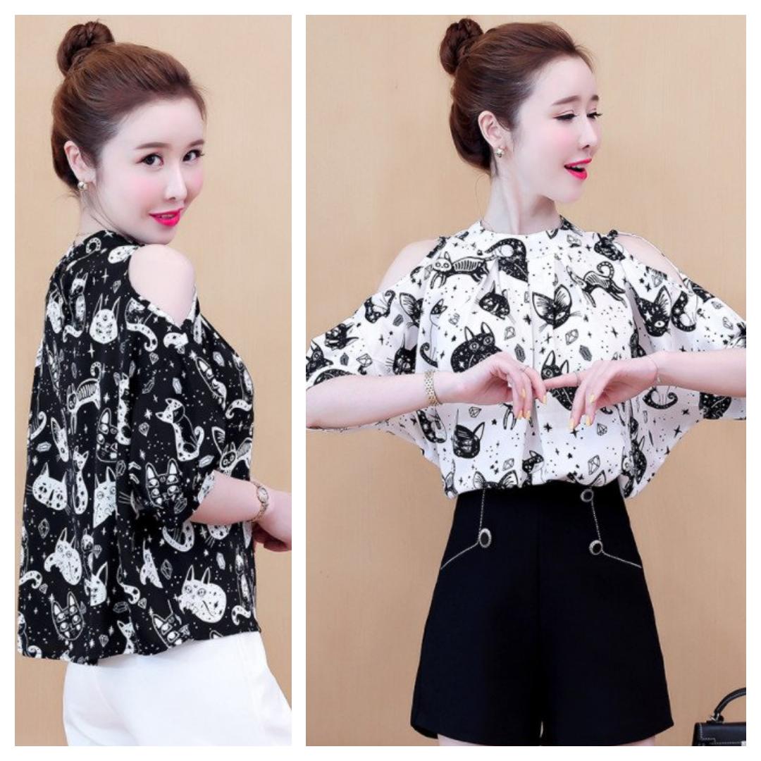 Áo kiểu phối sọc hở vai cách điệu BY6159 (BY6278)
