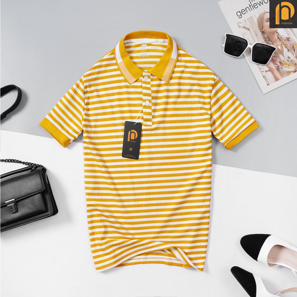 Áo polo kẻ ngang cổ bẻ có viền cổ dành cho nữ - áo phông polo nữ cộc tay