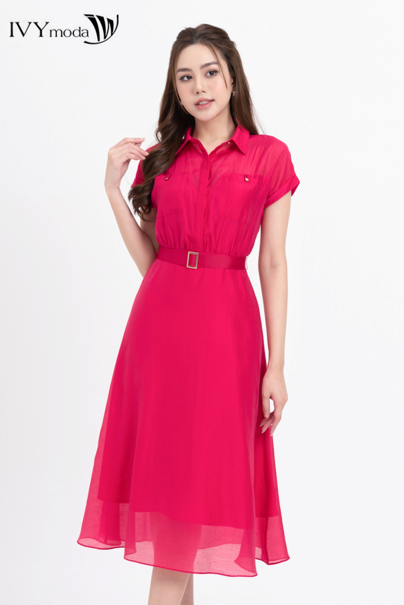 [TẶNG ÁO 2 DÂY] Đầm lụa dáng xòe phối đai IVY moda MS 48M8275