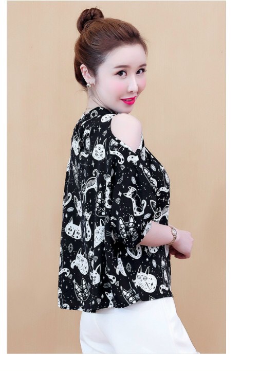 Áo kiểu họa tiết mèo khoét vai
