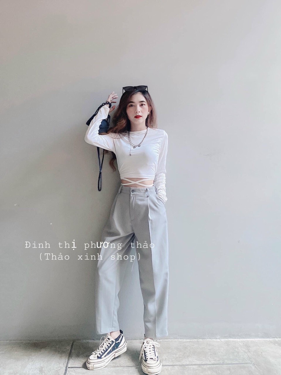 áo thun lụa tay dài phối dây cuốn buộc eo xinh xắn