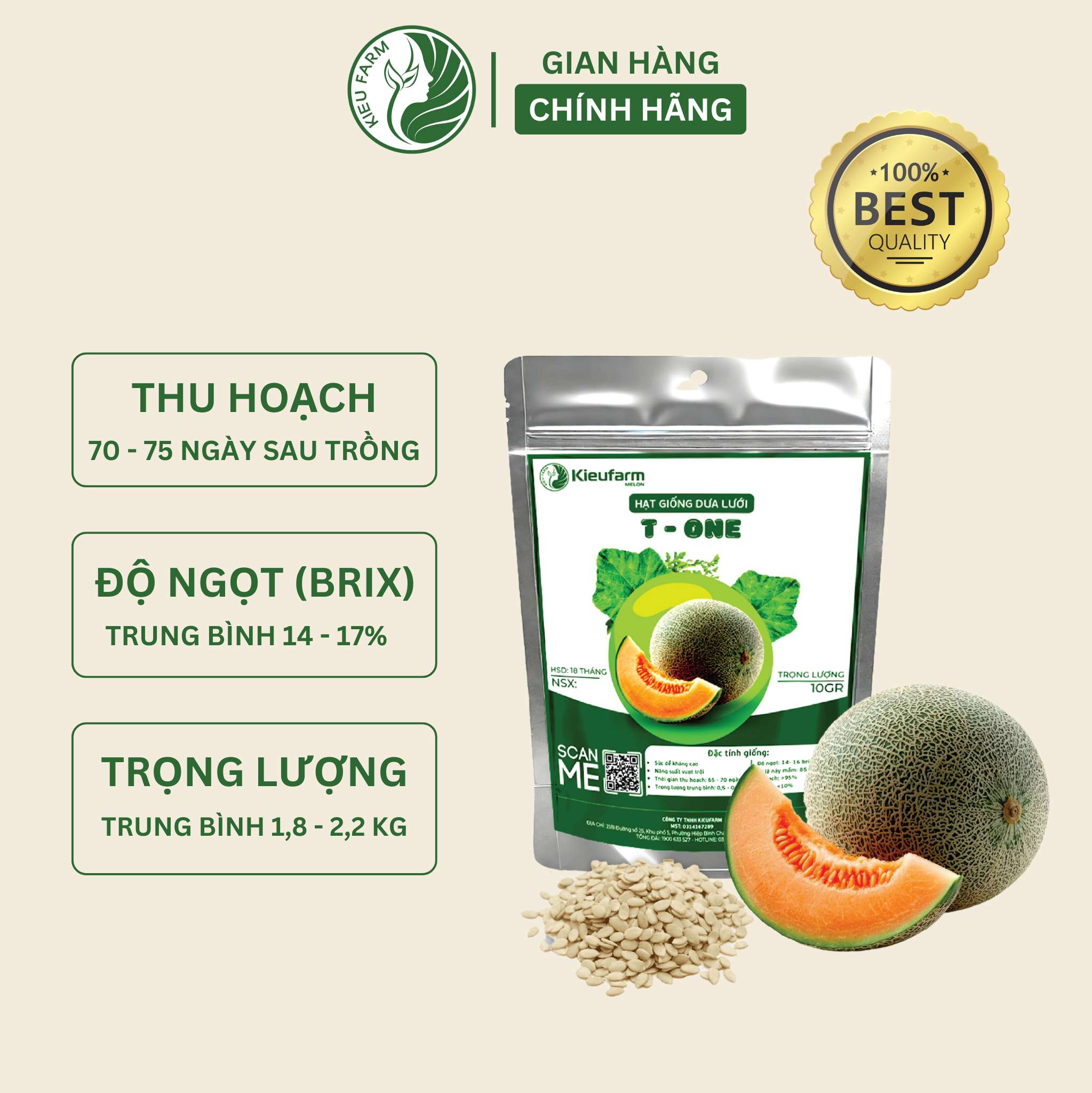 Hạt giống dưa lưới ONE Siêu Ngọt, Trái Nặng, Lưới Đều_KIEUFARM