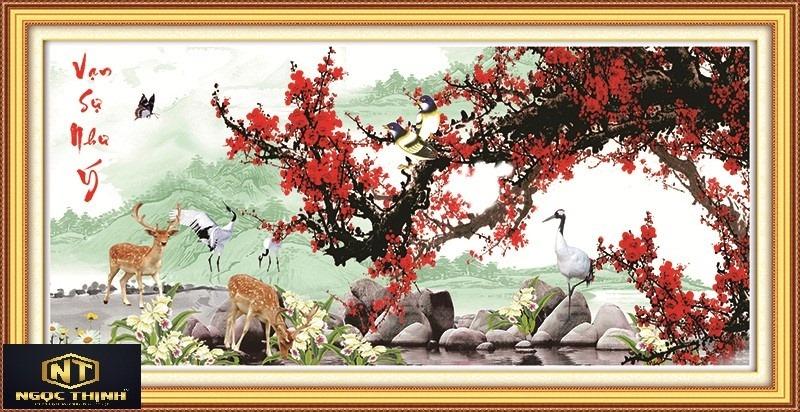 Tranh đính đá Vạn Sự Như Ý hoa đào hạc và hươu tài lộc VS328 KT:120cmx60cm Siêu Thị Tranh Thêu