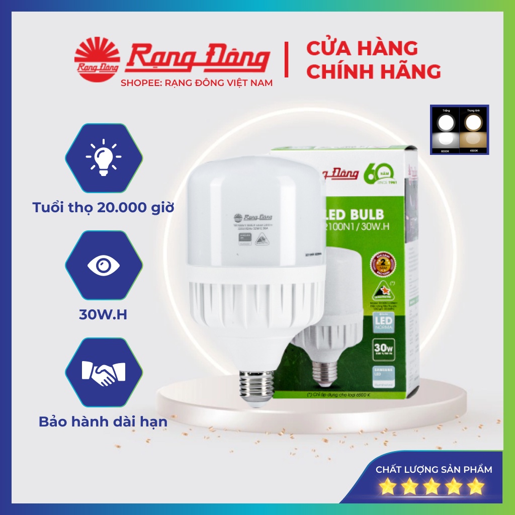 Bóng đèn led bulb trụ 30w rạng đông, bub bulb siêu sáng tiết kiệm điện, bảo hành 2 năm, model: tr100n1/30w.