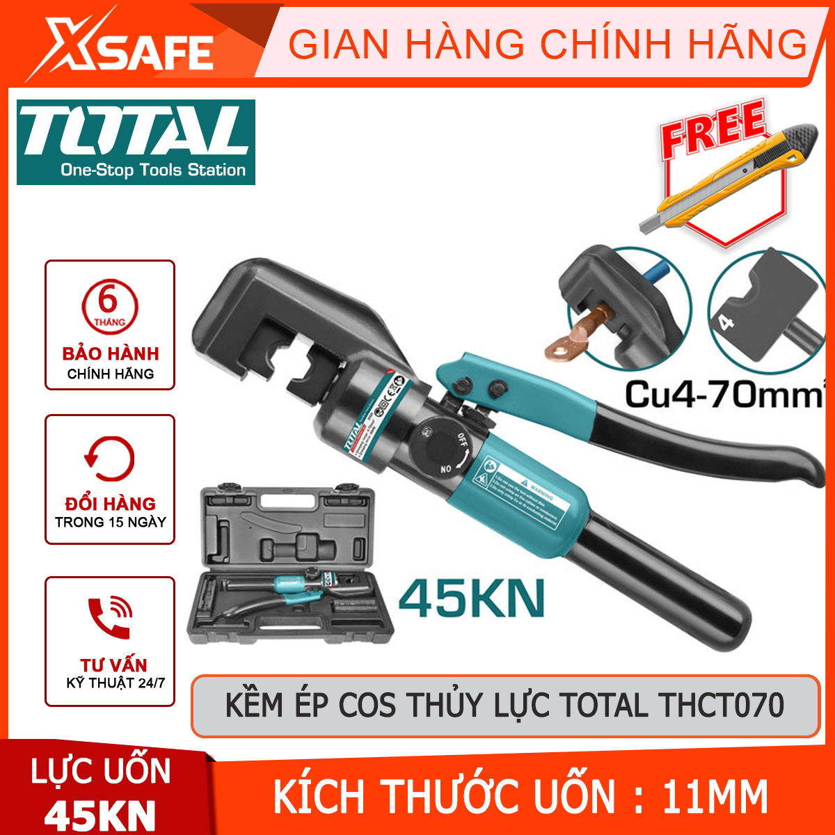 Pliers pressed cos hydraulic total THCT070 | nippers hydraulic range copper pipe bender 4-70mm ², hydraulic bending 45kn, crimping size 11mm, length of about 310mm pressed tight head cos with wires, wire cable firmly, safety [XTools] [xsafe]
