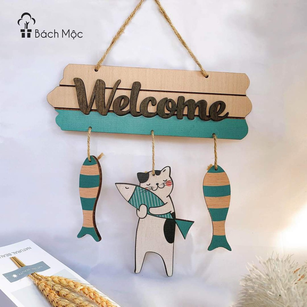 Decor home Bảng gỗ WELCOME trang trí hình mèo ôm cá