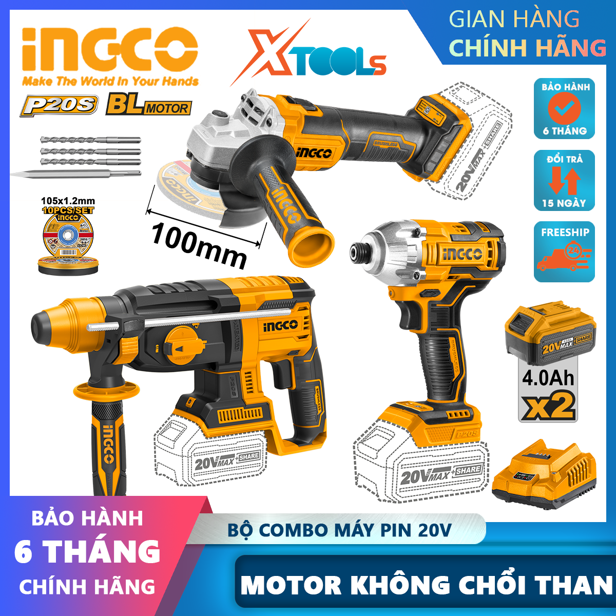 Combo 3 PCs 20V ingco cosli230520 battery including angle grinder concrete hammer drill tool brushless motor screw tightening machine with accessories 2 batteries 1 charger
