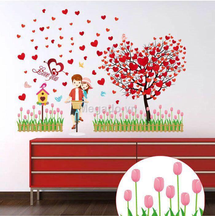 Decal dán tường mẫu xe đạp tình yêu kết hợp cây tình yêu