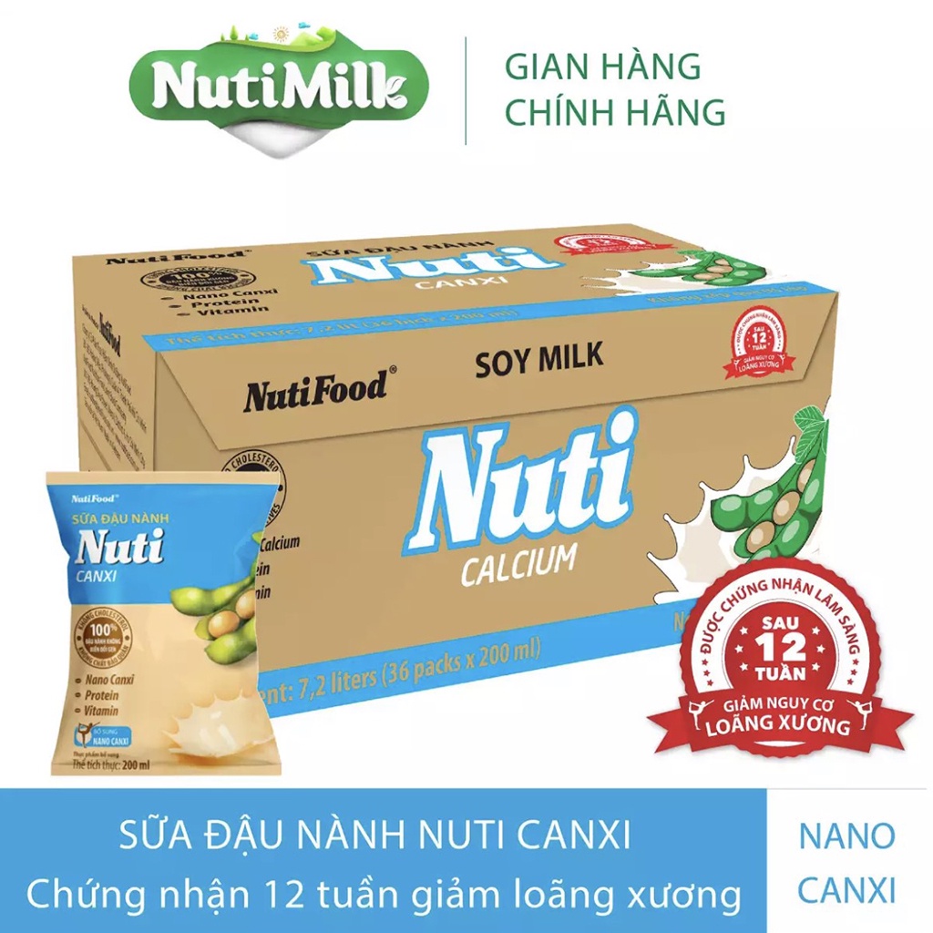 Thùng 36 Bịch Sữa Đậu Nành Nuti Canxi 200ml-TUH