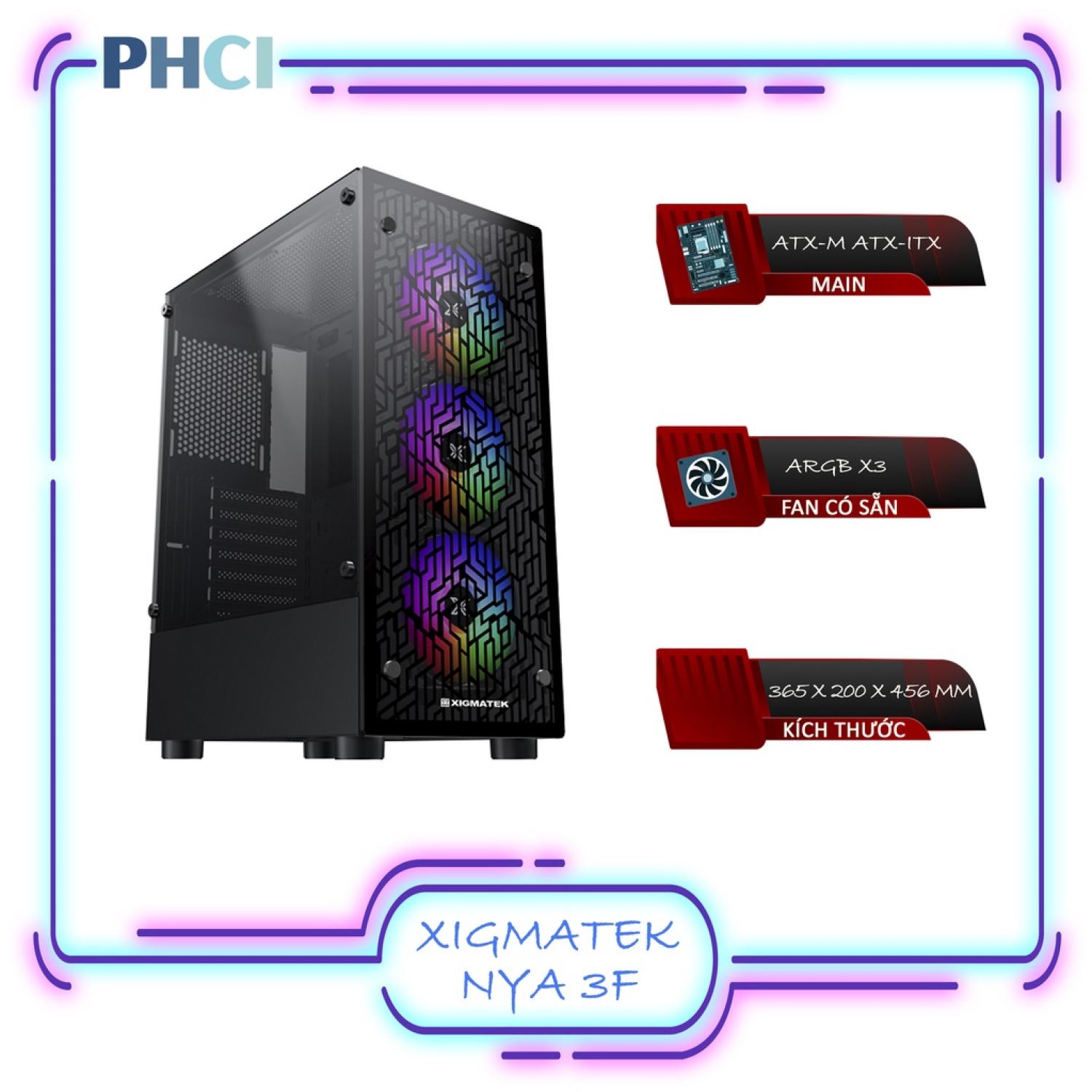 Vỏ case máy tính XIGMATEK NYA 3F ( 2 mặt kính cường lực, main Atx, 3 fan RGB)
