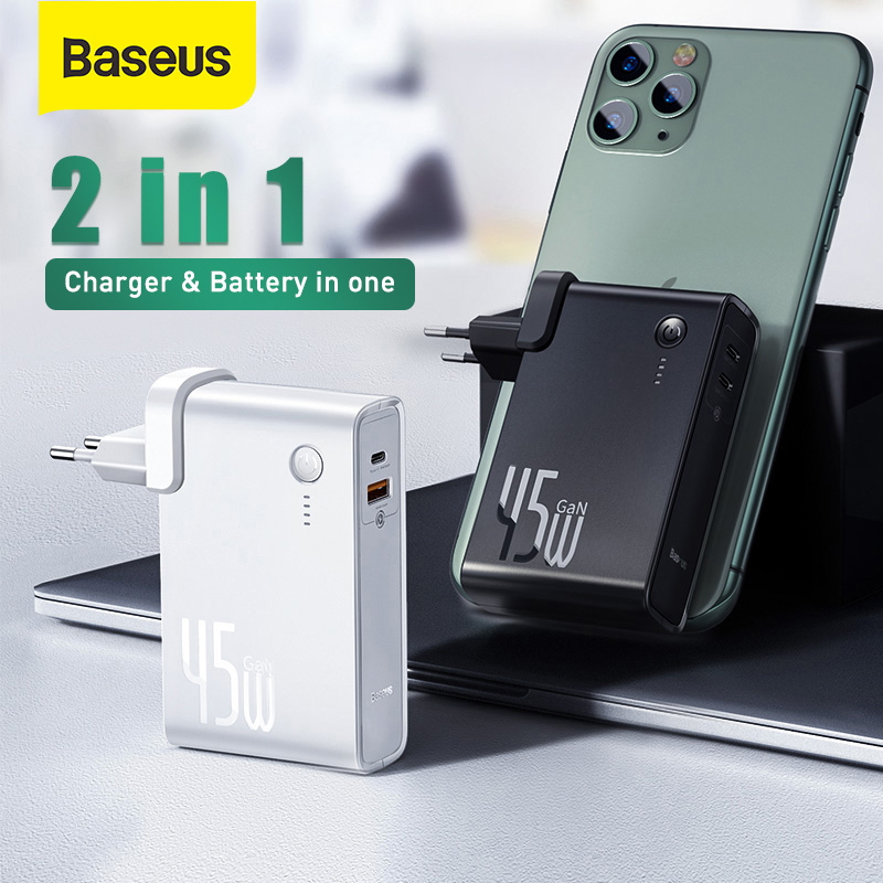 [Siêu Sale][Hàng Quốc tế Chính hãng] Bộ sạc nhanh Baseus 2 in 1 GaN 10000mAh USB 45W cho iPhone 11 Pro Laptop Samsung Xiaomi (Ổ cắm kiểu châu Âu)