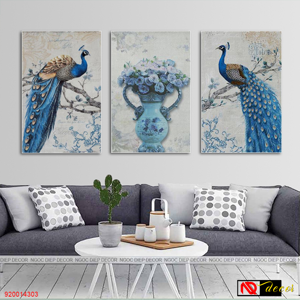 Tranh dán tường trang trí nội thất nghệ thuật - Tranh dán phòng ngủ chim công mẫu đơn phong cách hiện đại