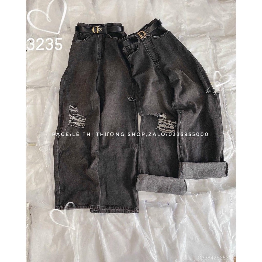 Quần baggy jeans ống suông rách mảng