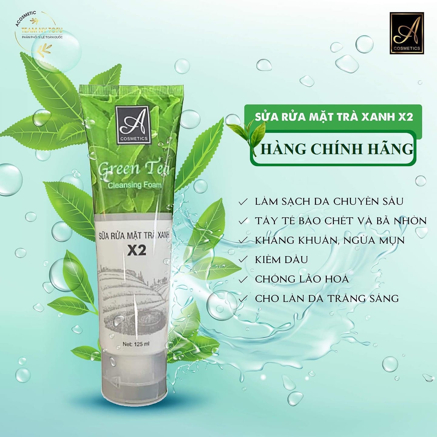 Sữa rửa mặt trà xanh A Cosmetics Green Tea x2 Acosmetic cleanning foam dành cho da dầu ngừa mụn Mỹ phẩm Phương Anh chính hãng 125ml