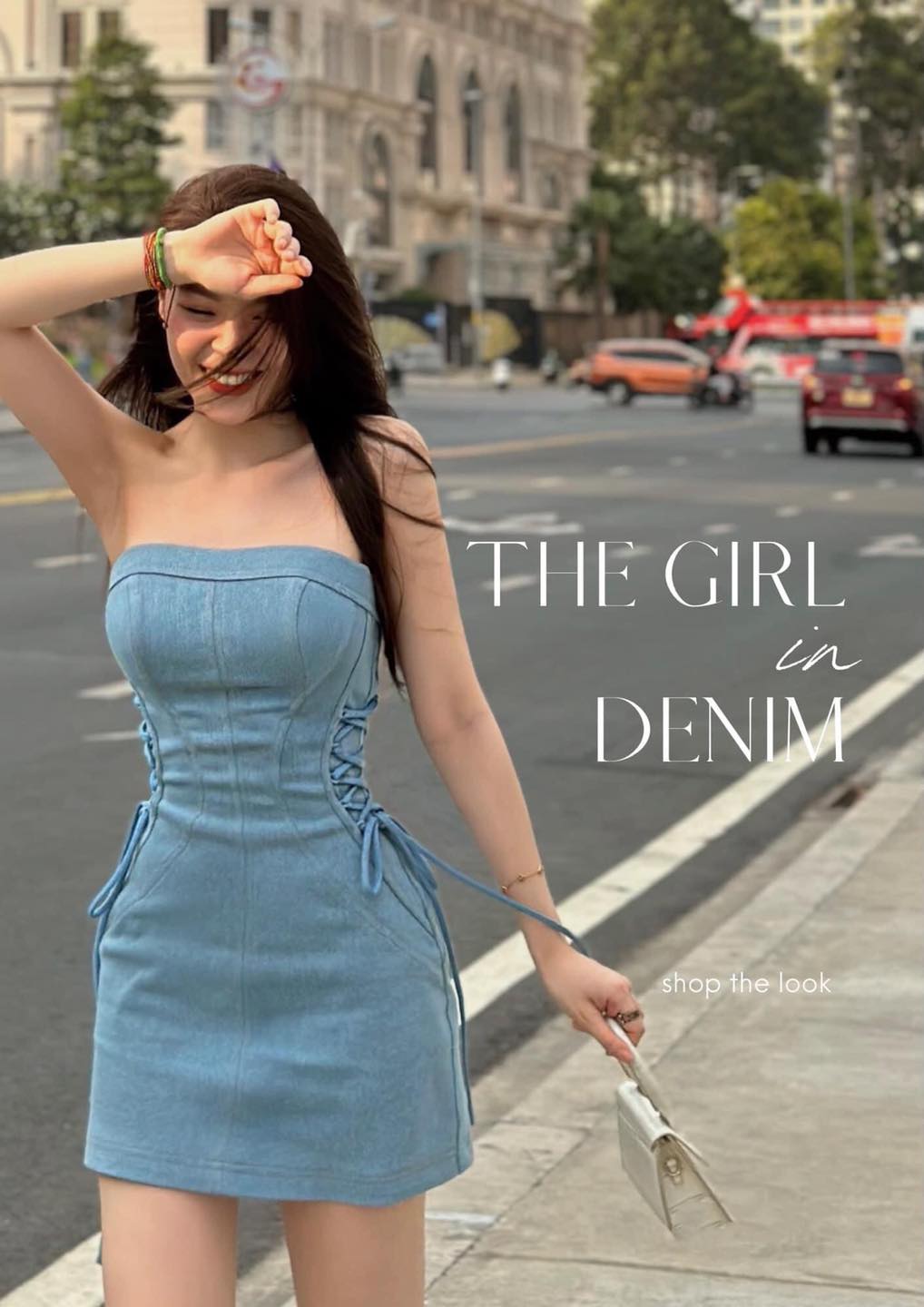 Đầm denim cúp ngực đan dây sườn
