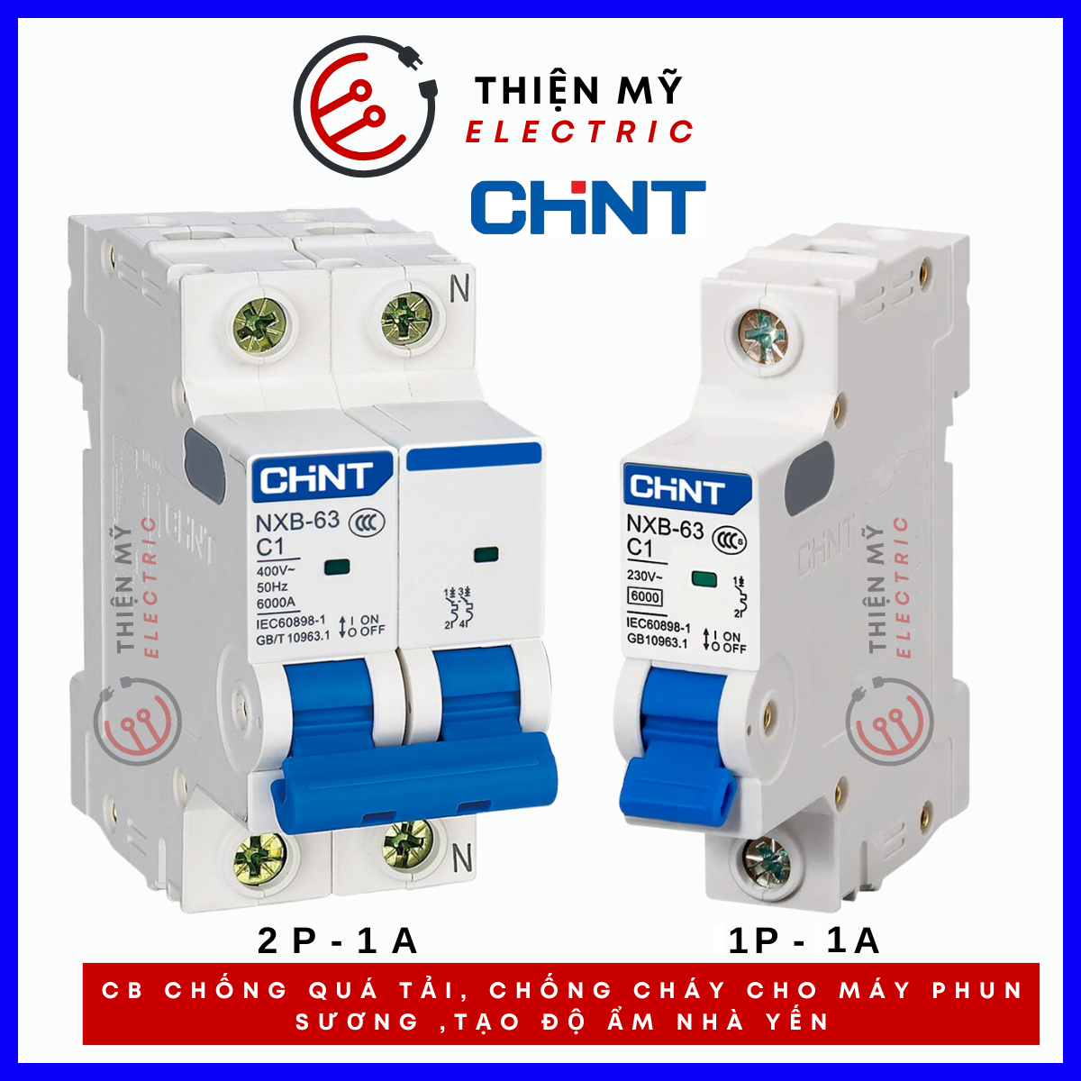 CB , Aptomat 1 pha và 2 pha dòng  định mức 1A chống quá tải, chống cháy cho máy phun sương con gà,máy tạo độ ẩm nhà yến!