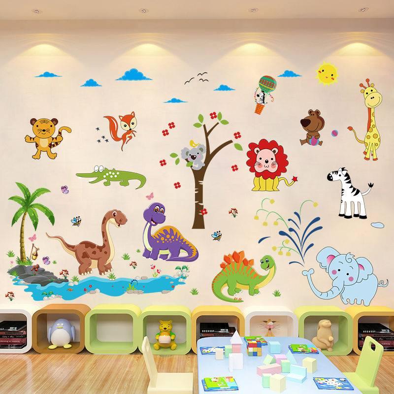 Decal dán tường khủng long và voi phun nước