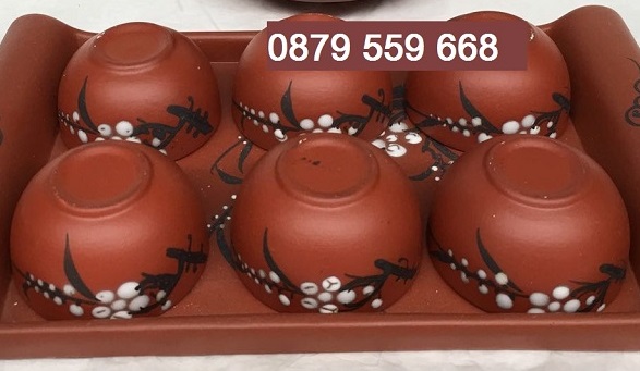 Bộ 6 chén gốm tử sa hoa đào, không đĩa lót