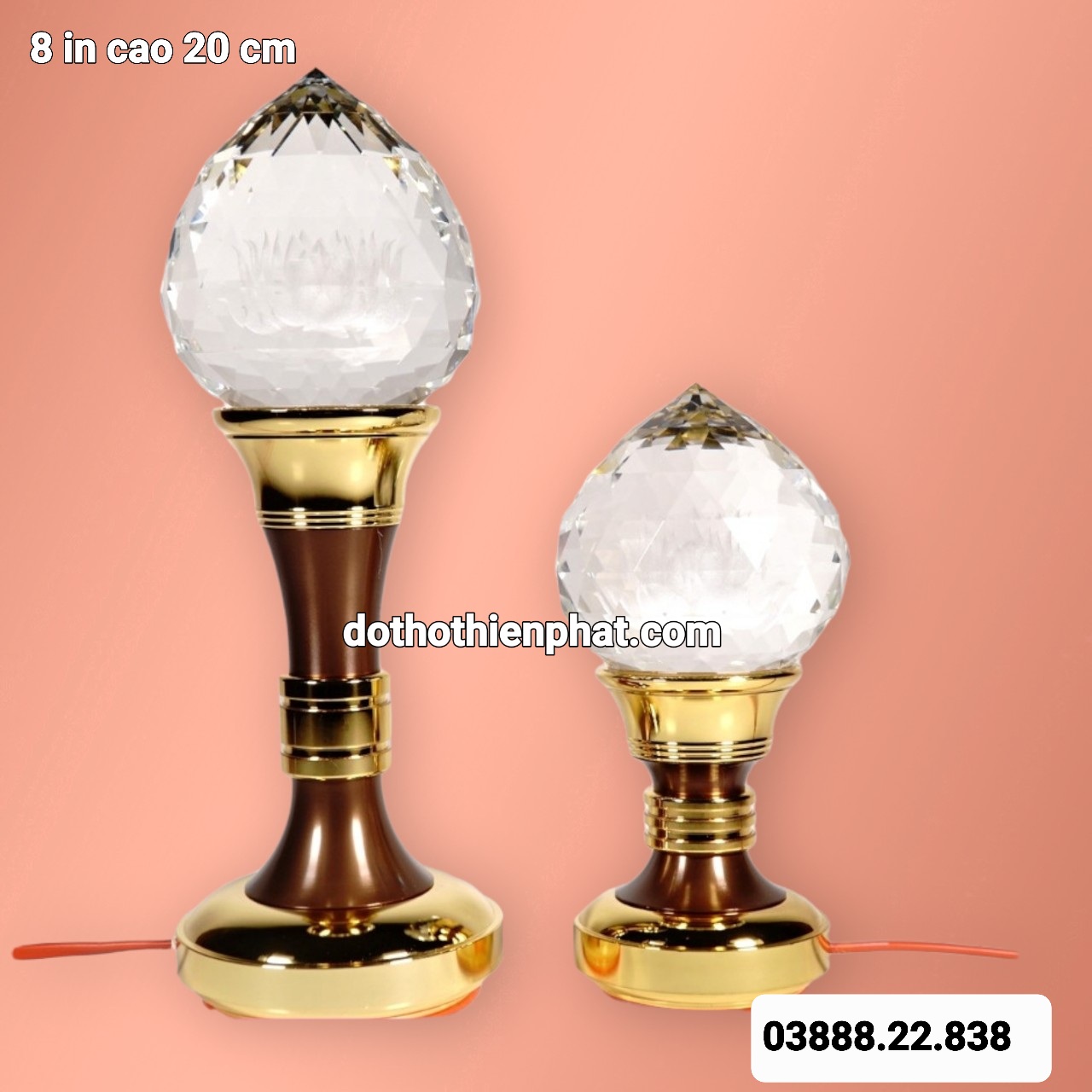 Đèn thờ led pha lê bông sen búp đào nguyên khối đế đồng đổi màu cao cấp 8in cao 20cm