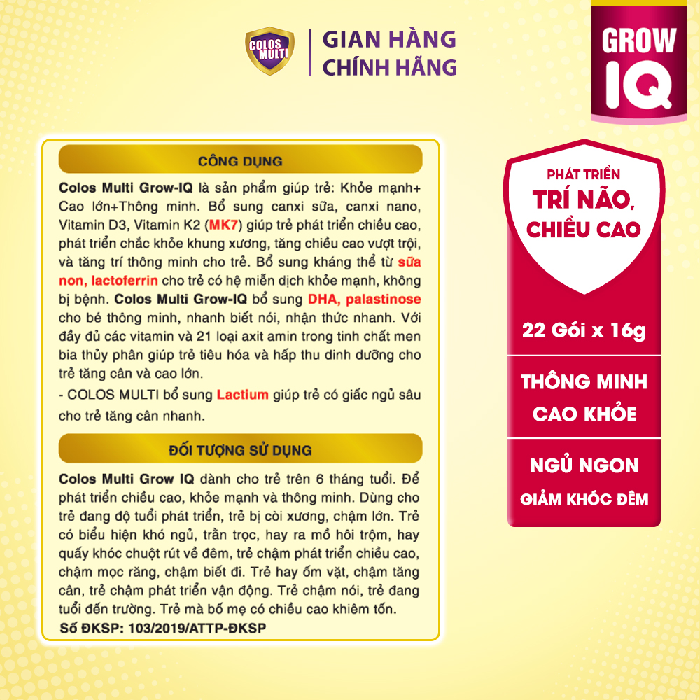 Sữa non Colosmulti Grow IQ phát triển chiều cao và trí thông minh cho trẻ hộp 2 gói x 16g