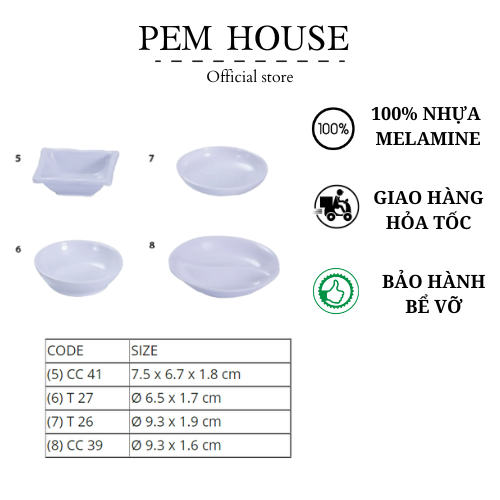 Chén Chấm Melamine Màu Trắng Nhiều Size