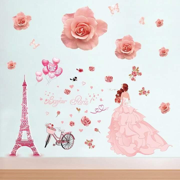 DECAL DÁN TƯỜNG HOA HỒNG 3D VÀ CÔ DÂU