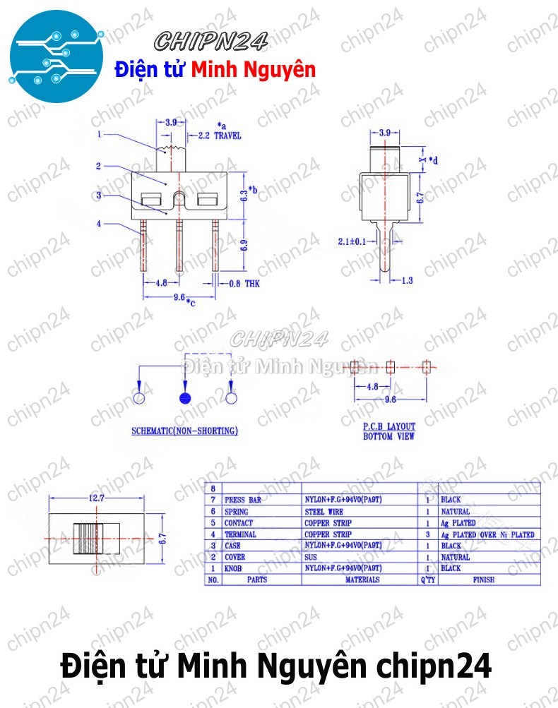 [2 cái] Công Tắc Gạt SS12D10 4.7MM (3 chân 2 vị trí Thẳng) - HH005348