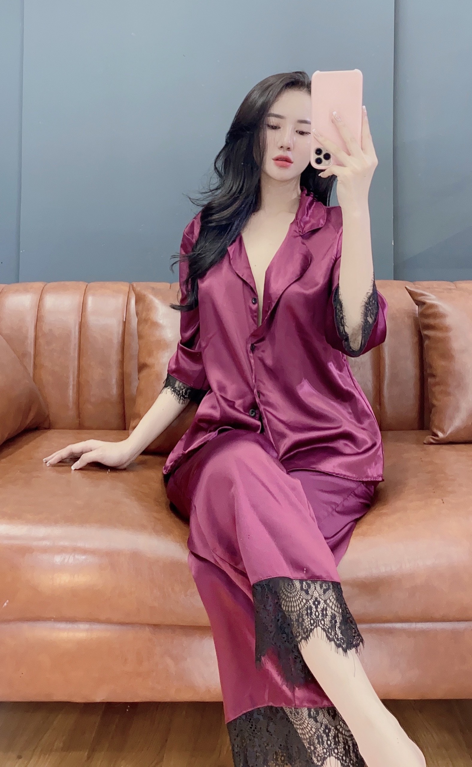 Đồ Ngủ Ren Pijama lụa satin  form đẹp - Hình thật