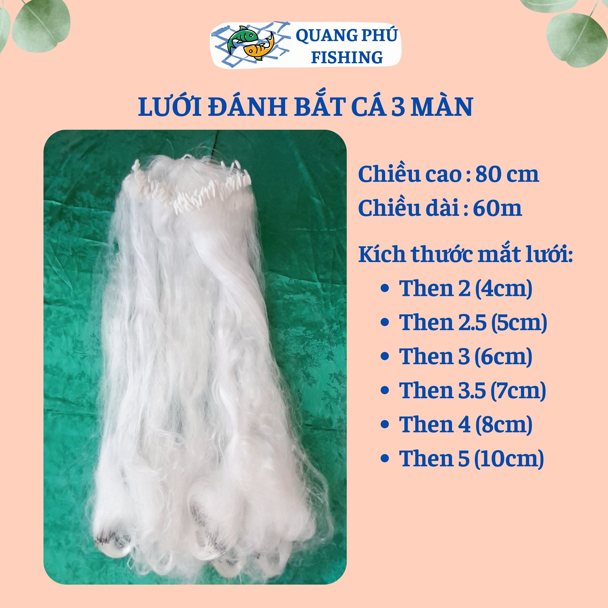 Lưới bắt cá sông 3 màn cao 80cm, dài 60m then 2, , then 2.5 , then 3 , then 3.5 , then 4 , then 5 lưới đánh cá sông, hồ ao suối bắt cá từ nhỏ đến vừa