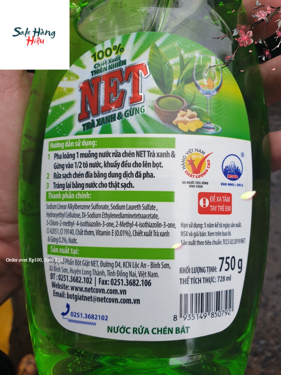 [HCM] Nước Rửa Chén NET Trà Xanh & Gừng 750ml