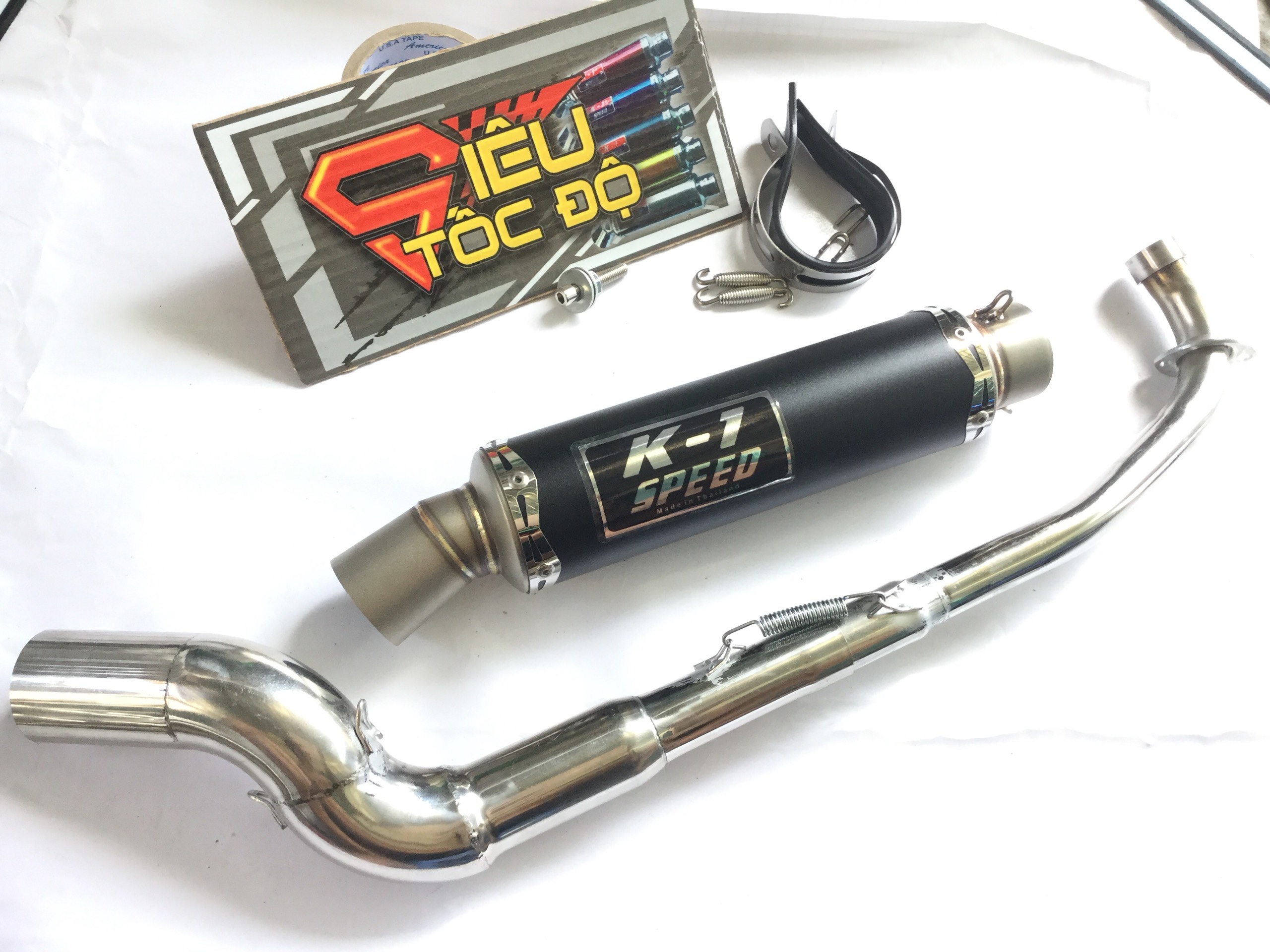 Pô k1 đen hàng xịn full pass treo lò xo bao gồm cả cổ cong gắn lon pô độ cho xe wave 50 - 100, cup, dream, 67, axelo, exciter 50cc,....