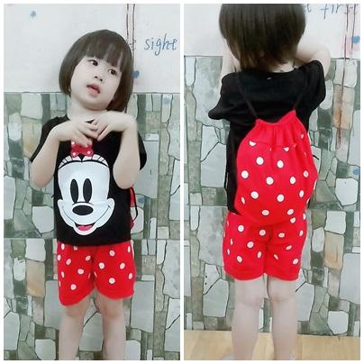[HCM]Bộ quần áo bé trai bé gái thun cotton 4 chiều in hoạt hình ngộ nghĩnh có kèm ba lô( túi đeo) cho bé từ 8kg đến 20kg
