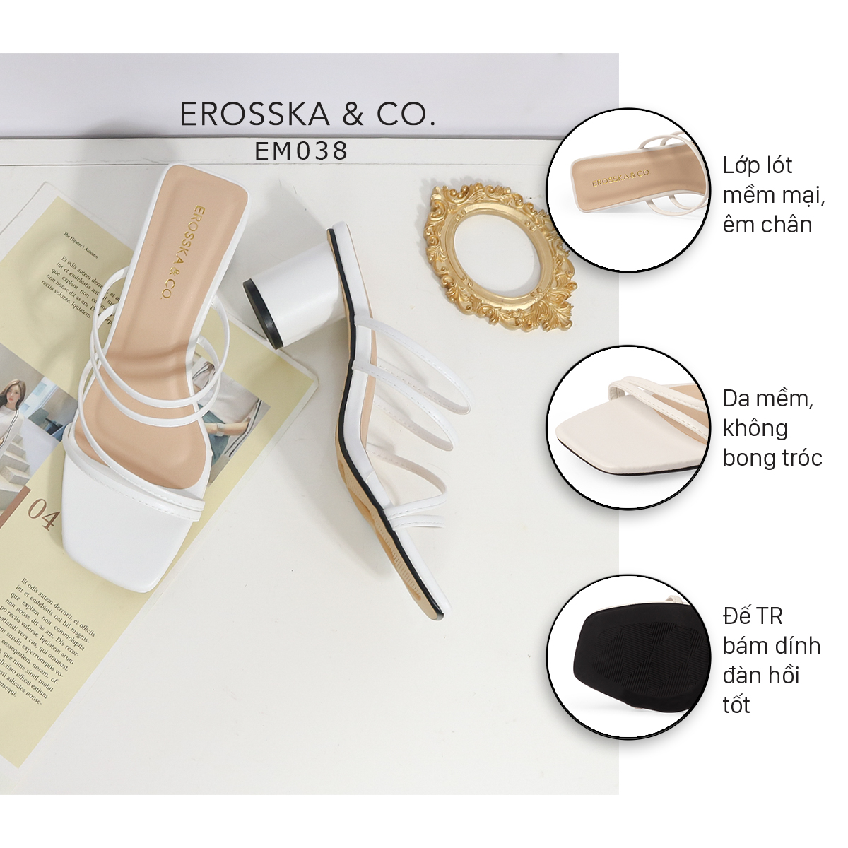 Dép cao gót thời trang Erosska mũi vuông gót tròn phối dây quai mảnh kiểu dáng đơn giản cao 6cm màu trắng - EM038