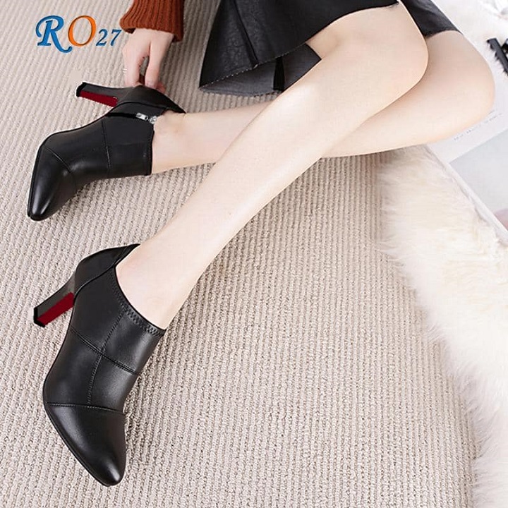 Giày boot bốt nữ cổ thấp 7 phân màu đen thời trang hàng hiệu rosata ro27