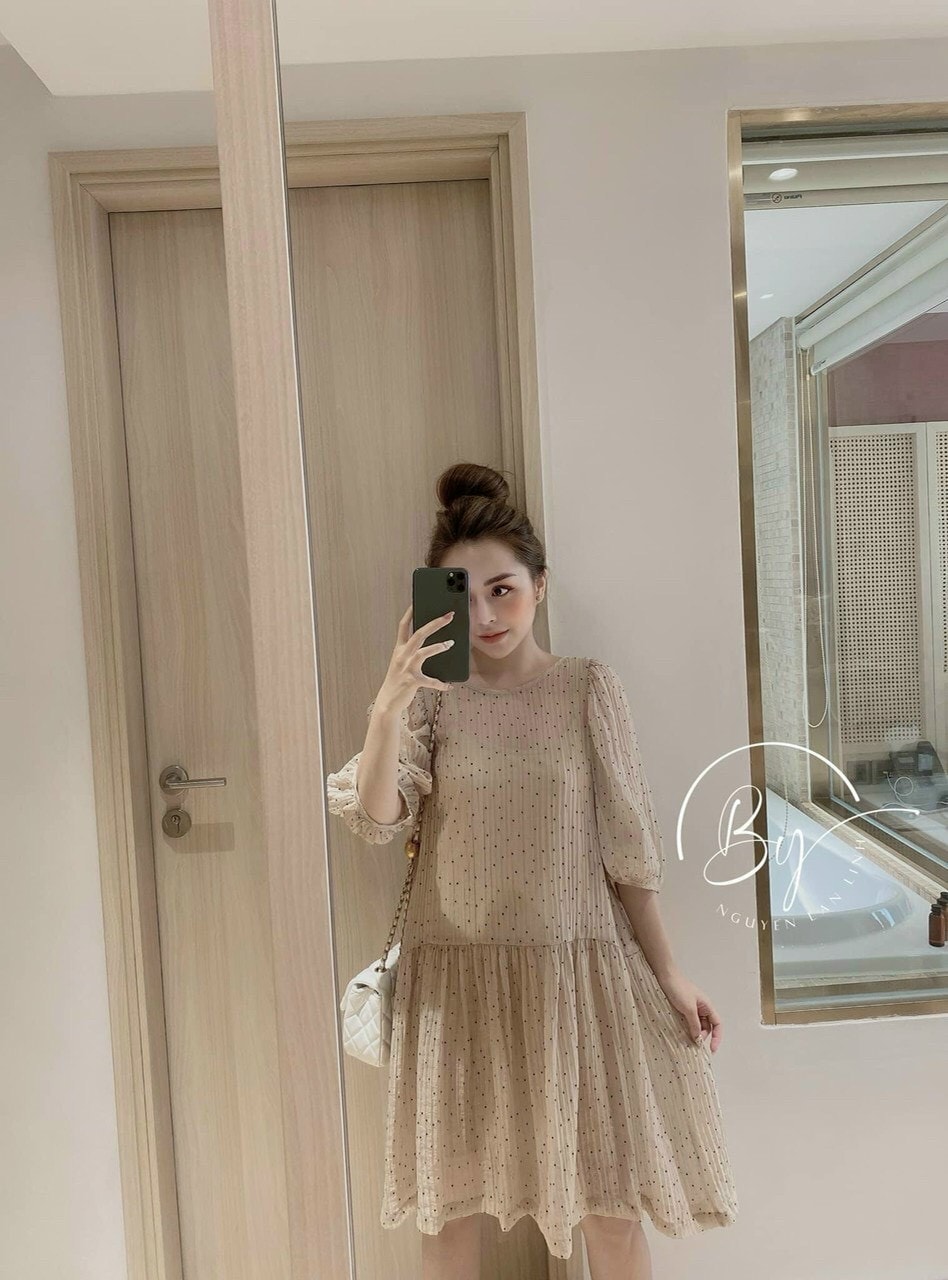 Đầm suông babydoll tay lỡ chất voan bi 2 lớp