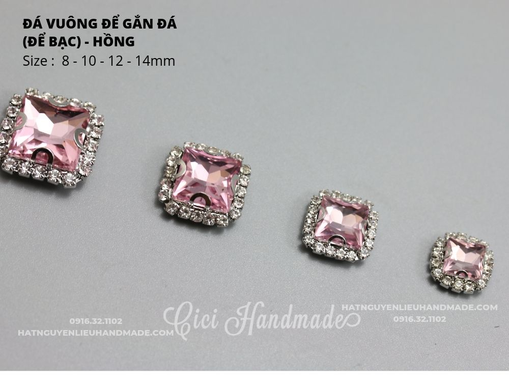 Hạt đá vuông viền đá trắng nhỏ đế BẠC có lỗ khâu Cici Handmade nguyên liệu DIY hạt đính kết, hạt pha lê hạt cườm đính