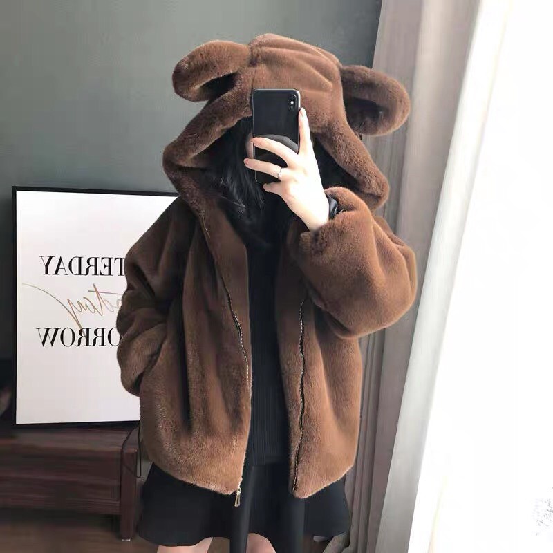 Áo khoác lông quả bông nữ mũ tai gấu thời trang hàn quốc, Áo lông cừu mũ siêu to tai thỏ khoá zíp quả bông dễ thương, Áo lông hoodies nữ