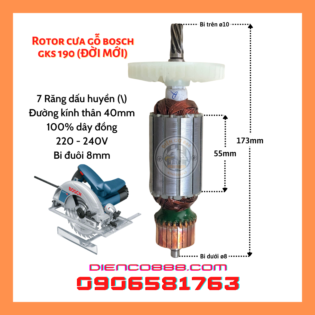 (Hàng DCA) Rotor Cưa Gỗ BOSCH GKS 190 7 răng Thân 40mm Dài 173mm dây đồng 220V (đời mới) - Tặng chổi than