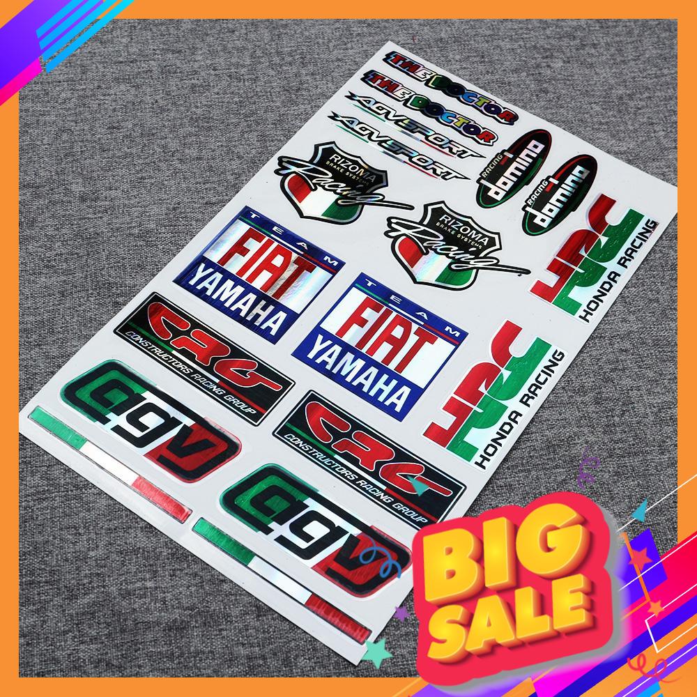 [SALE SỐC]Bộ decal, logo, tem mạ crom nhiều sticker Yamaha, FIAT, CGV, AGV, HONDA RACING...