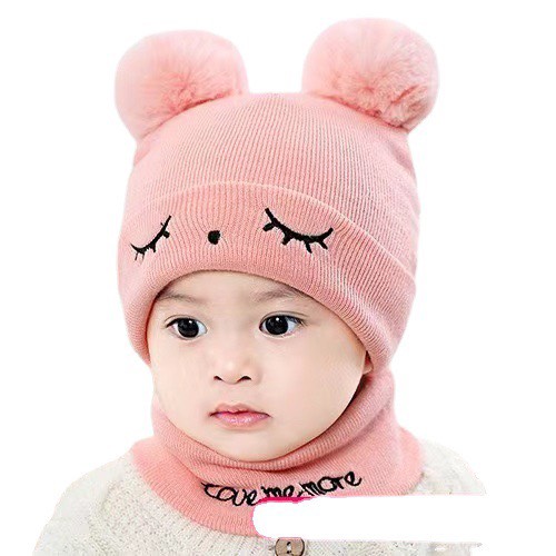 Set khăn + mũ len 2 quả bông hình đôi mắt cho bé