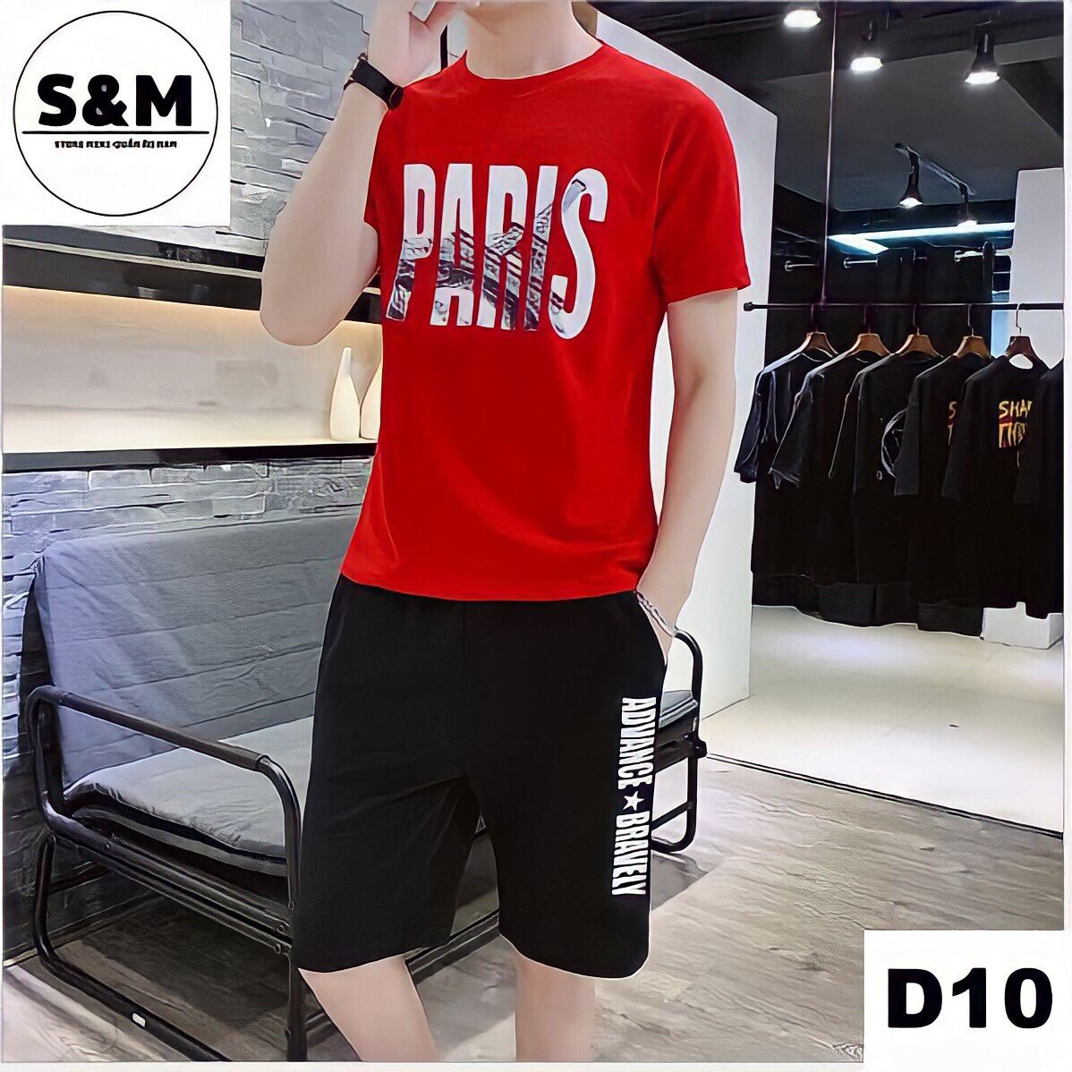 Quần áo thun nam - bộ quần áo nam màu đỏ in chữ paris